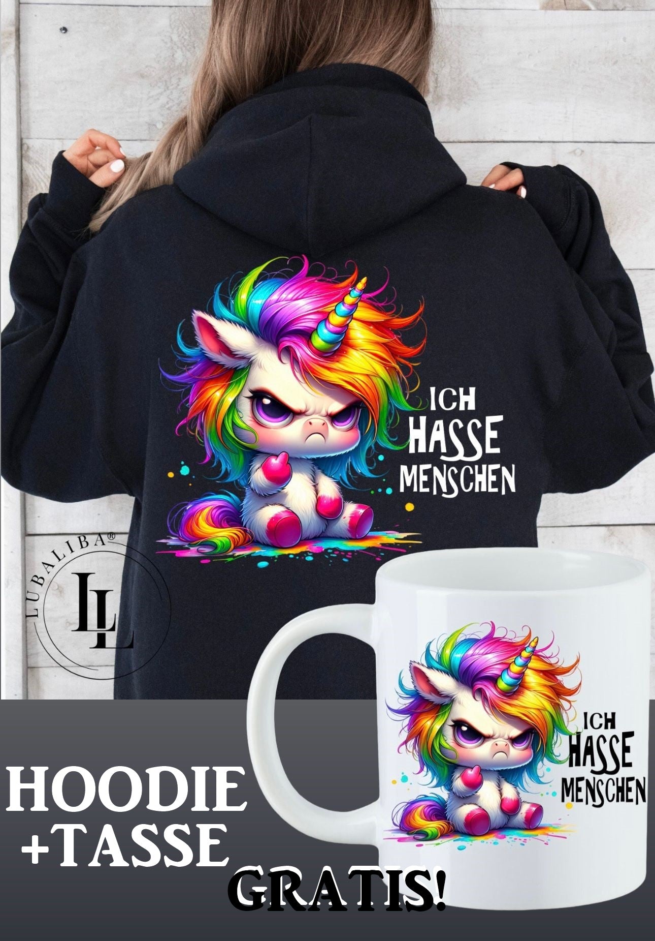 Hoodie Schwarz + TASSE " Ich Hasse Menschen Horbert das Einhorn " ArtNr.: TAL